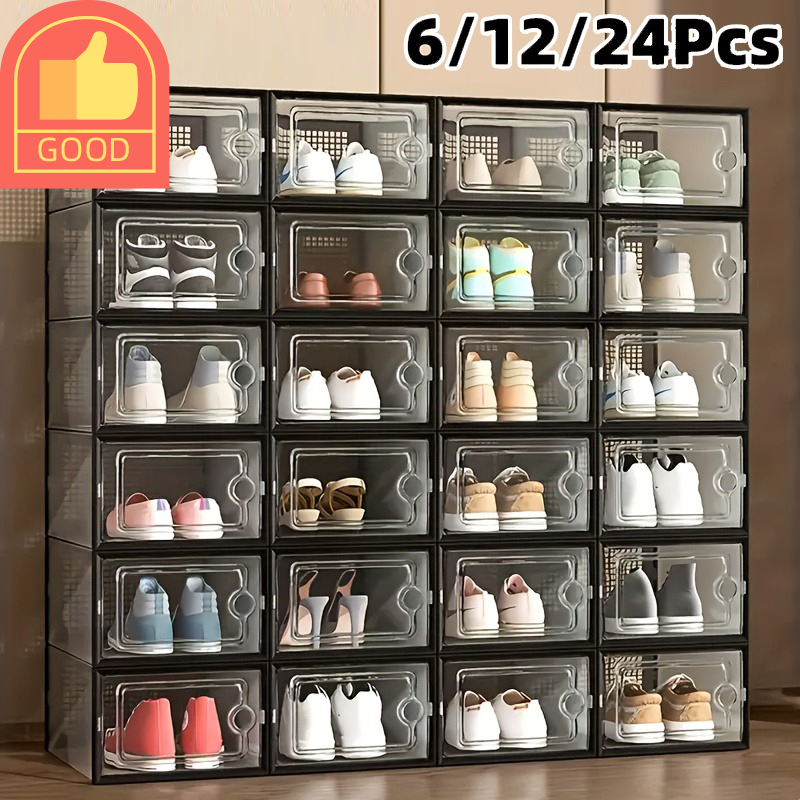 Shoe Box Display - 6/12/24개입 두꺼운 투명 신발 보관함(뚜껑 포함),